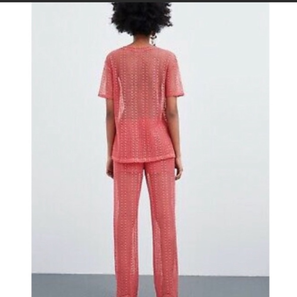 Zara salmon pink 2 pieces lace open knit top and pants NWT - Picture 3 of 6